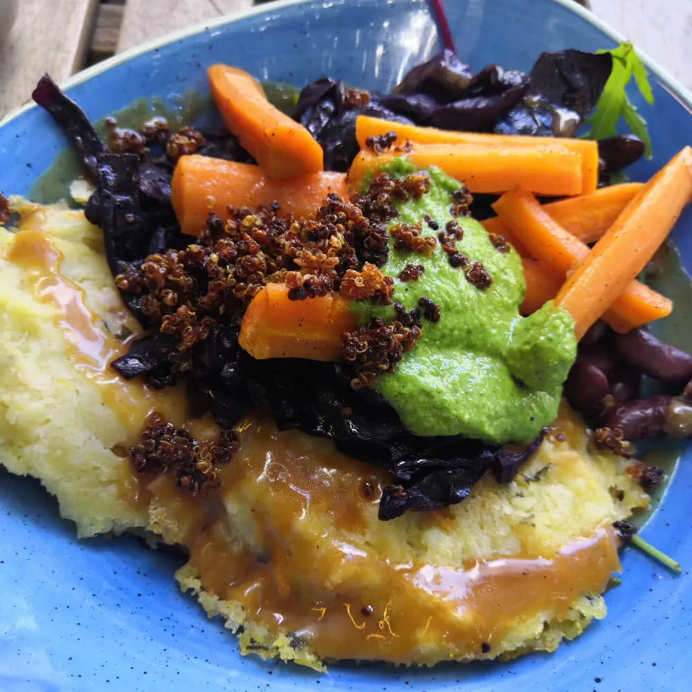 Bowl mit Möhren, Reibekuchen und Rotkraut im Buhjah Bowls